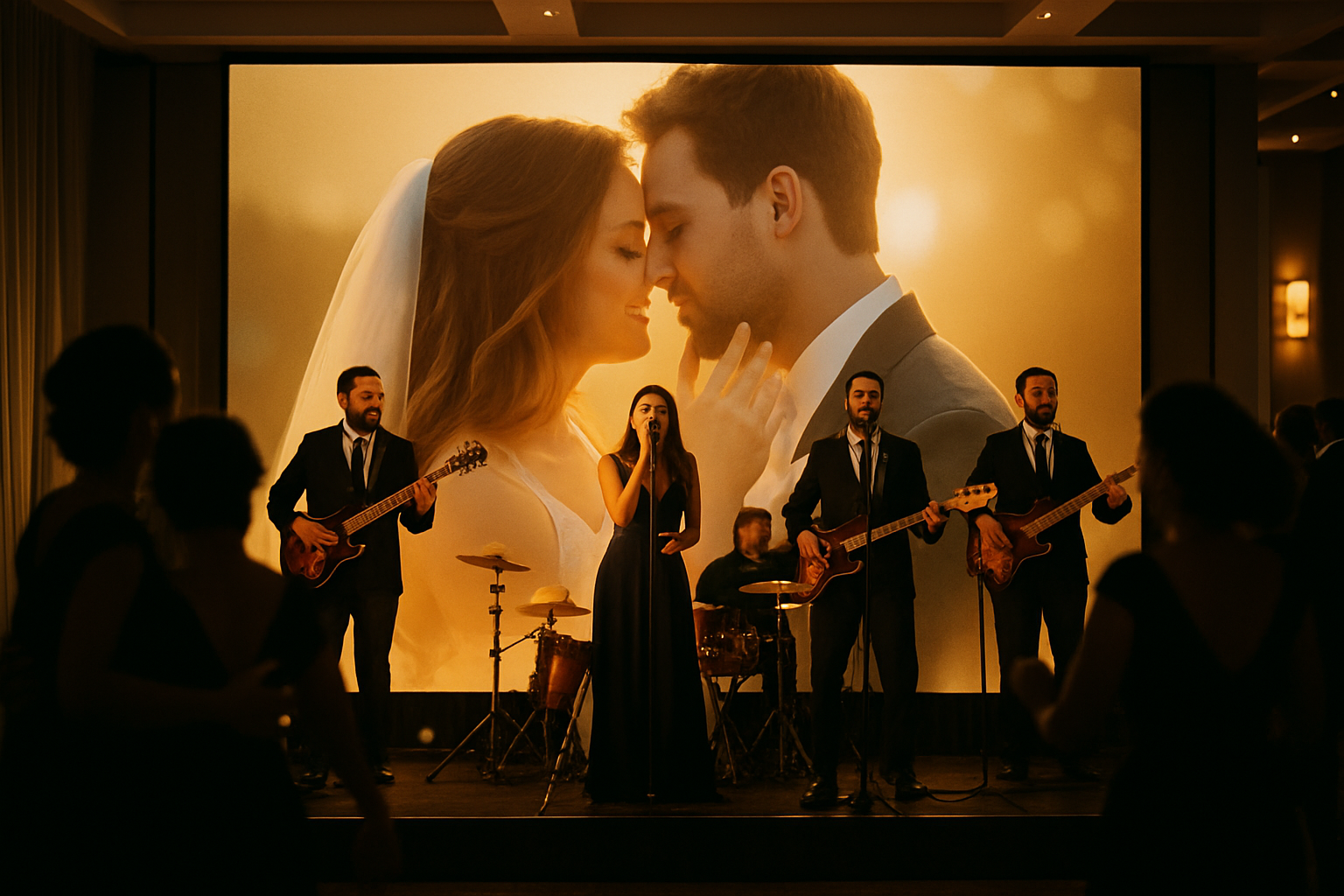 Wedding band playing in front of a large LED video wall at a reception