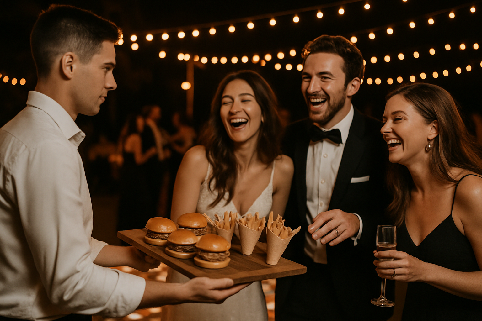 Late-night snack station serving sliders to wedding guests on the dance floor