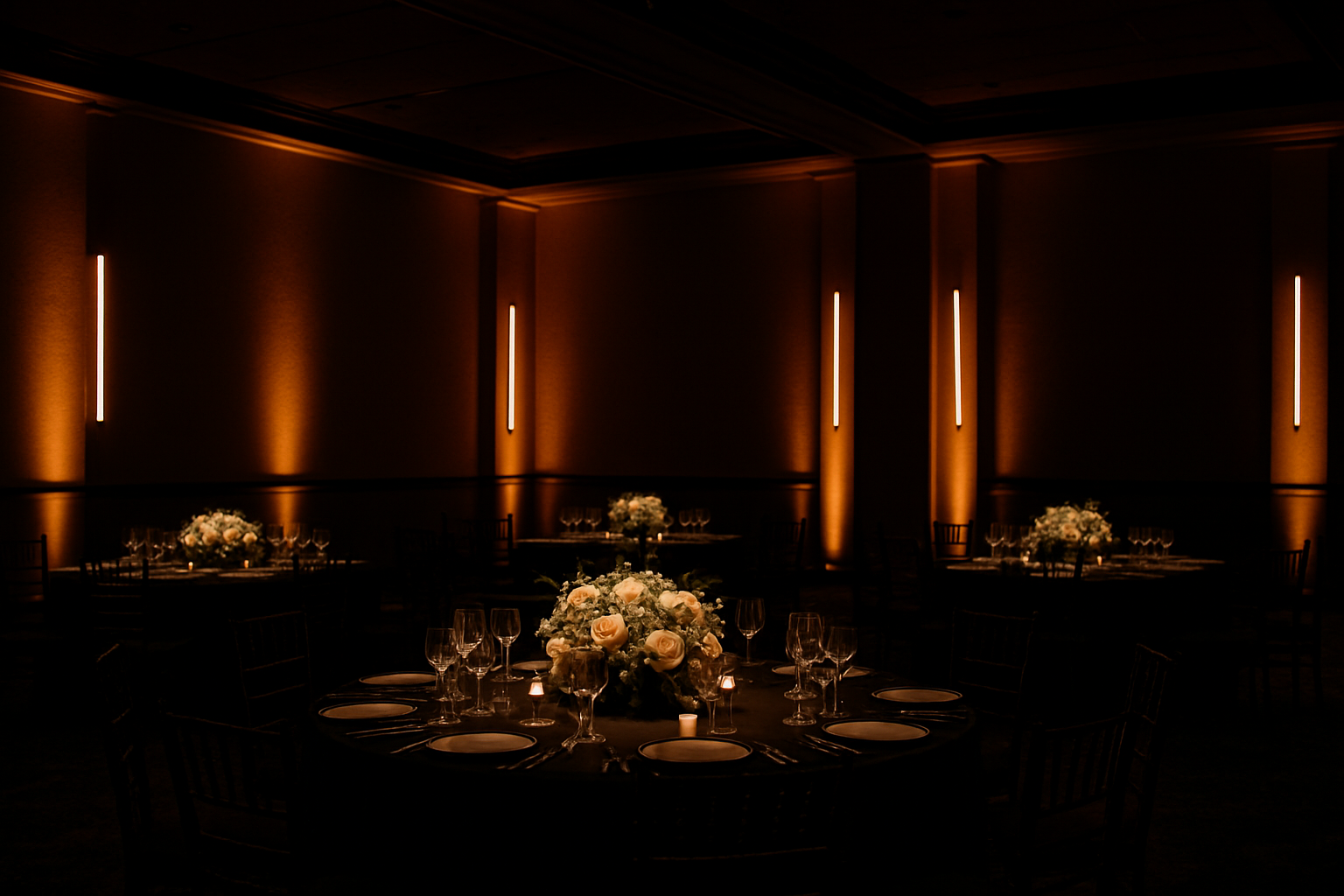 Reception ballroom with amber uplighting, pinspotted centerpieces, and wireless LED tubes on columns