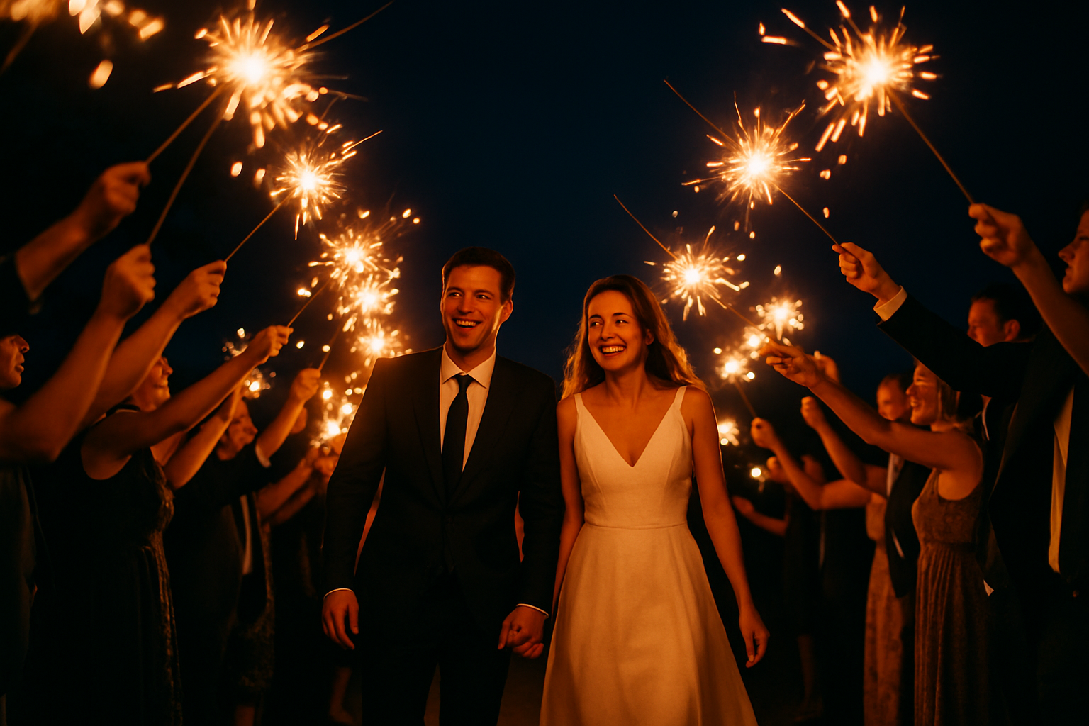 Guests holding sparklers as a couple exits their wedding reception