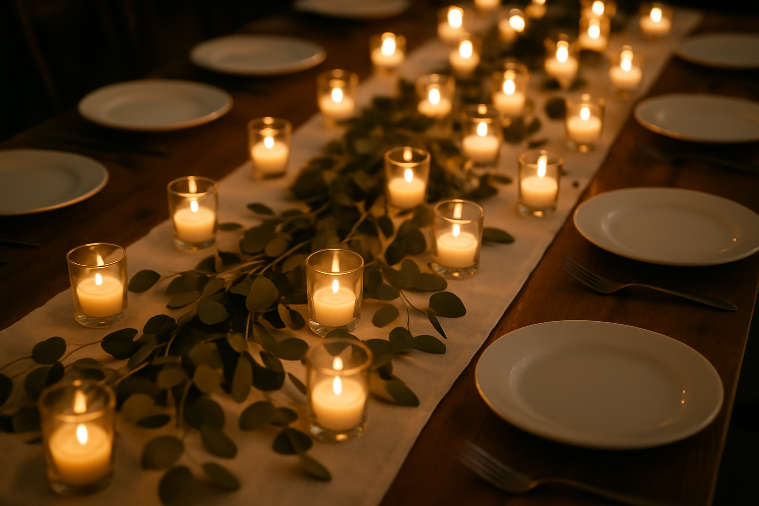 Simple wedding reception table styled with dozens of candles and greenery