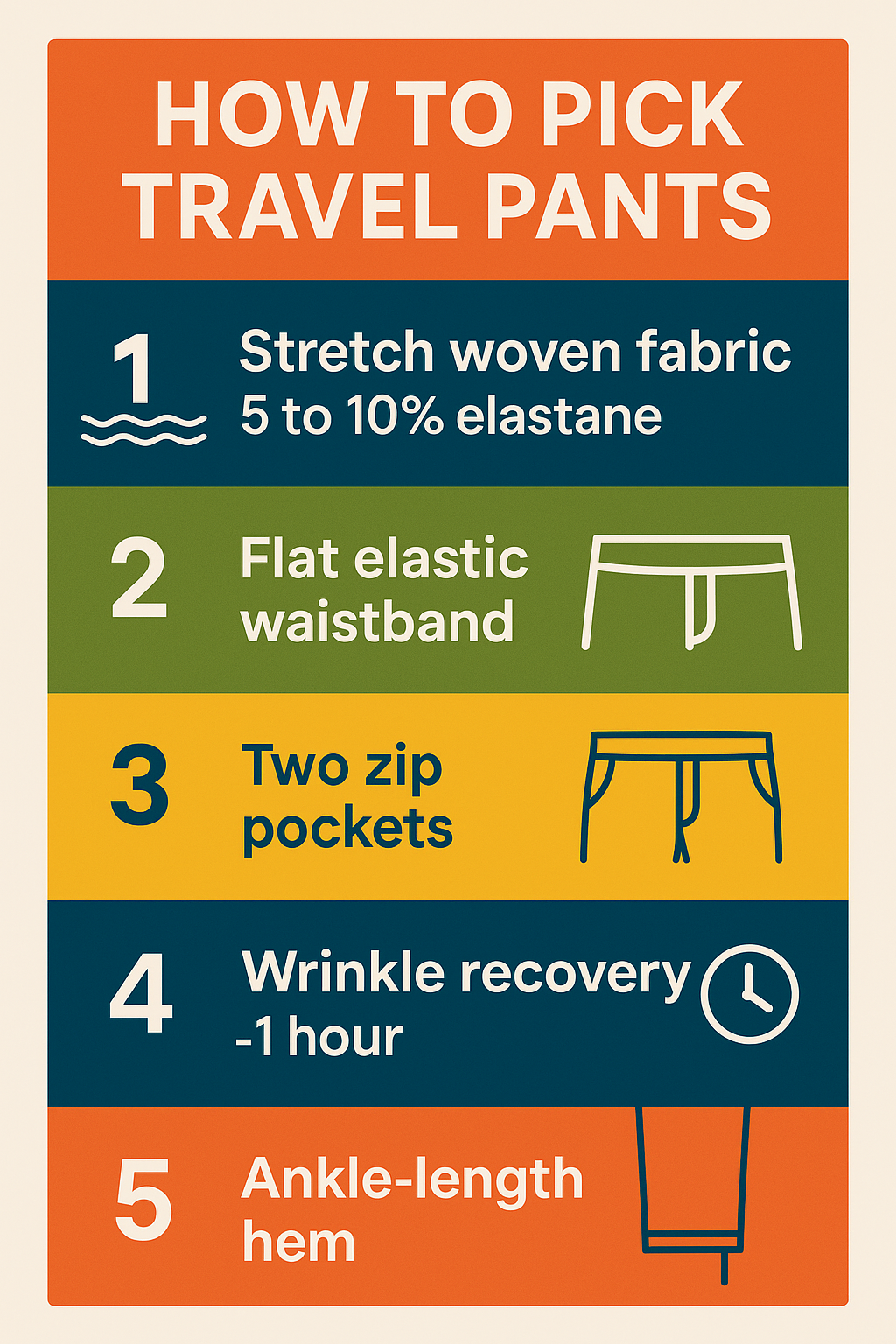 Infographic showing five features to look for in women's travel pants