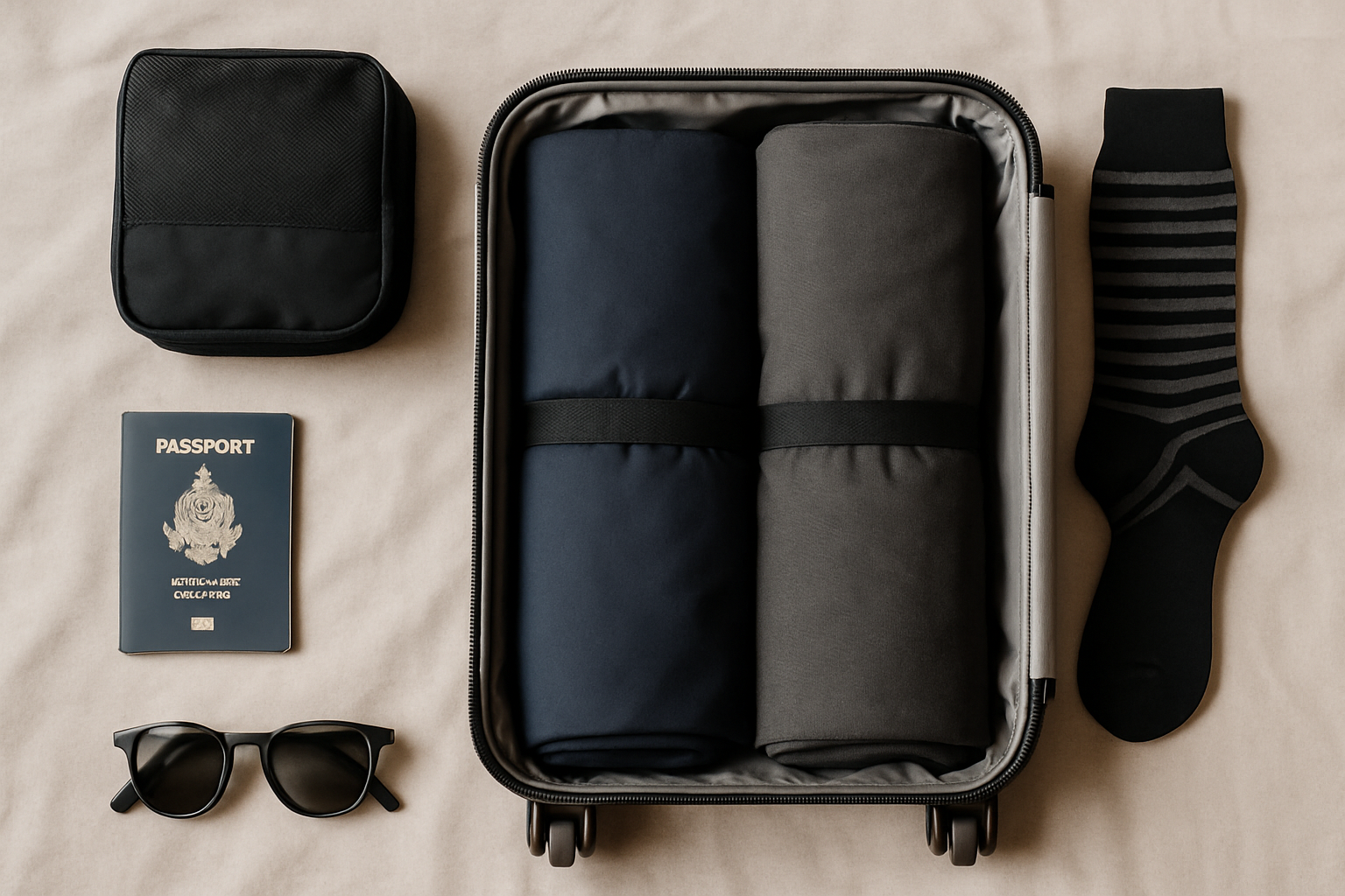 Two pairs of travel pants rolled into a carry-on suitcase with a passport