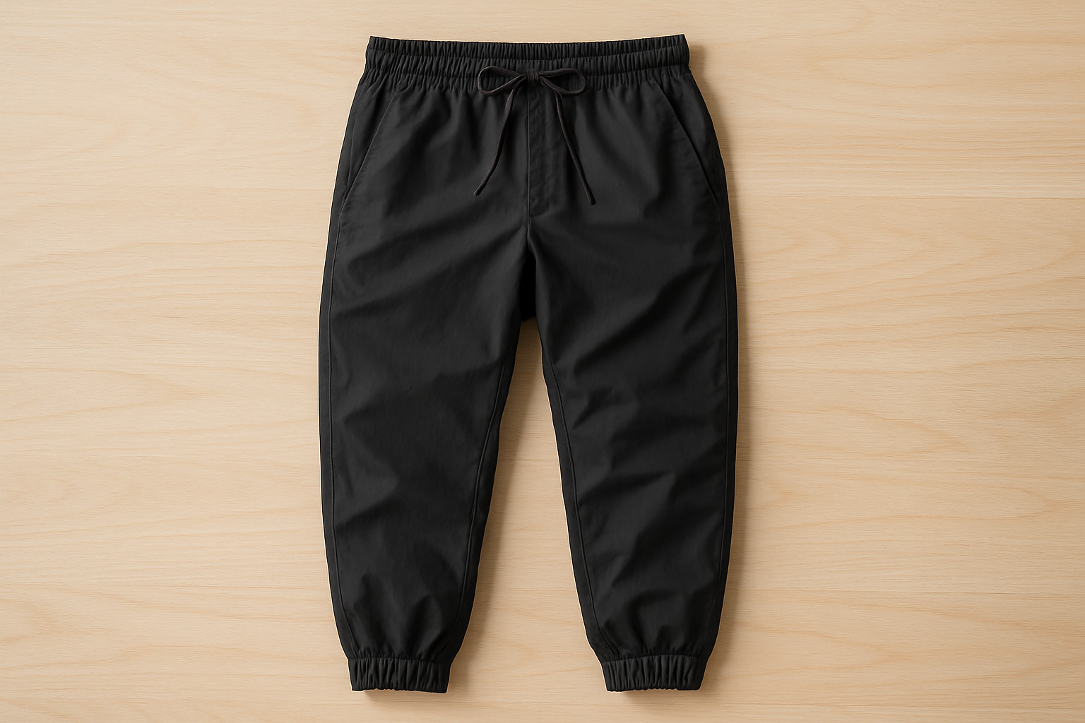 Black nylon jogger travel pants with elastic cuffs and drawcord waist