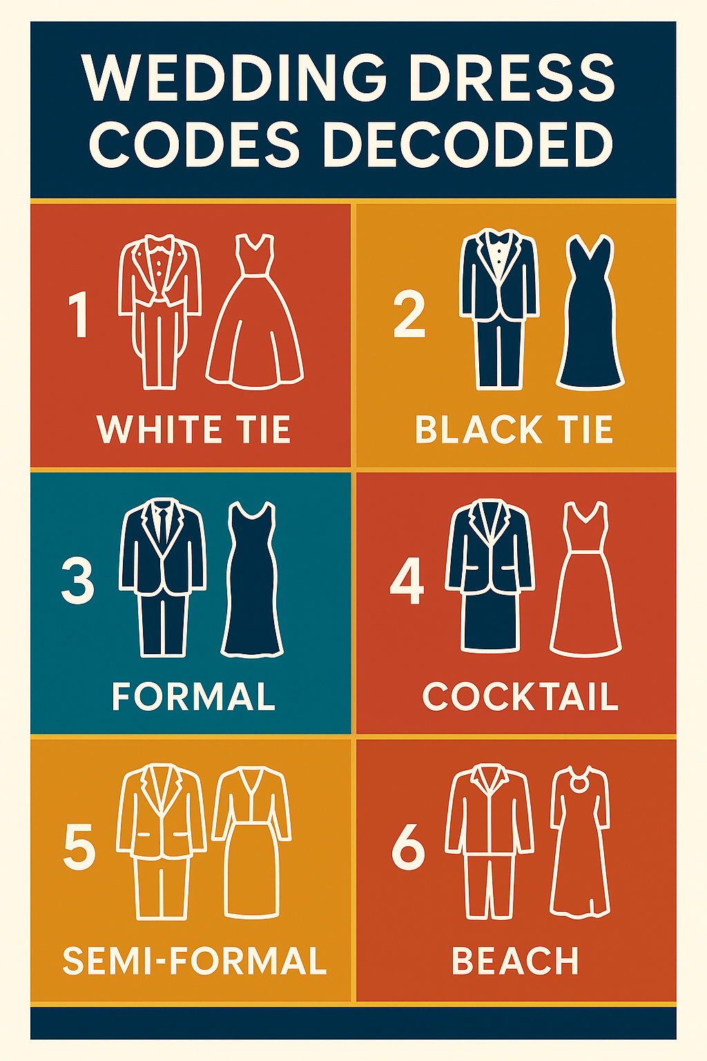 Infographic decoding six wedding dress codes with outfit ideas for men and women