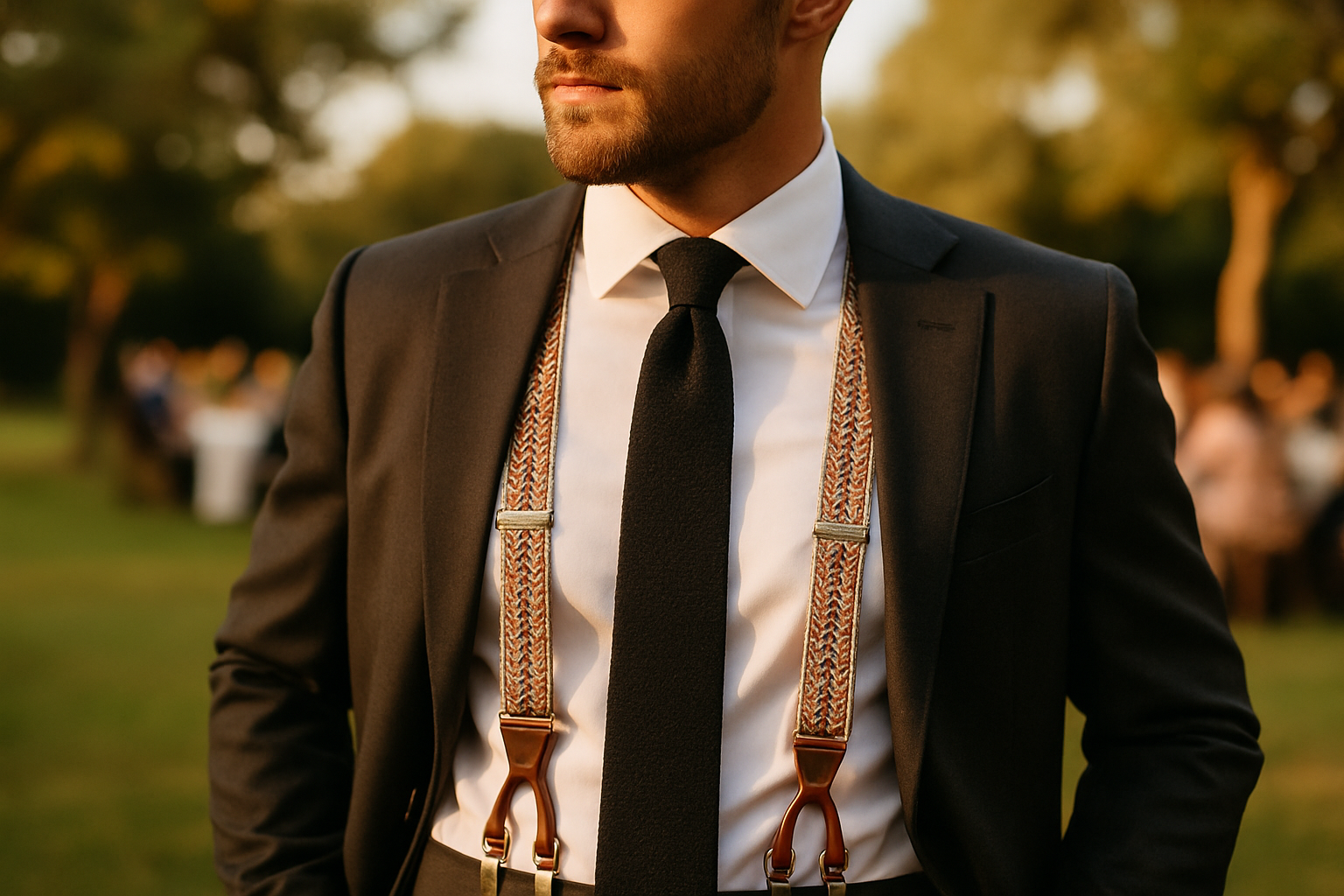 Wedding guest in shirt, waistcoat, patterned suspenders and tie at an outdoor reception
