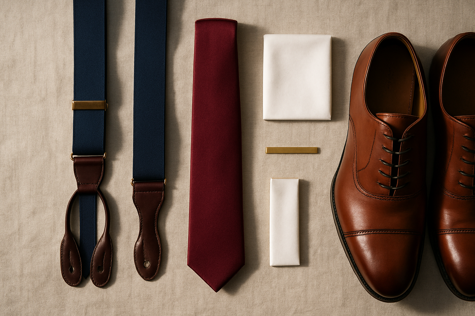Flat lay of men's wedding accessories including suspenders, silk tie, pocket square and leather shoes