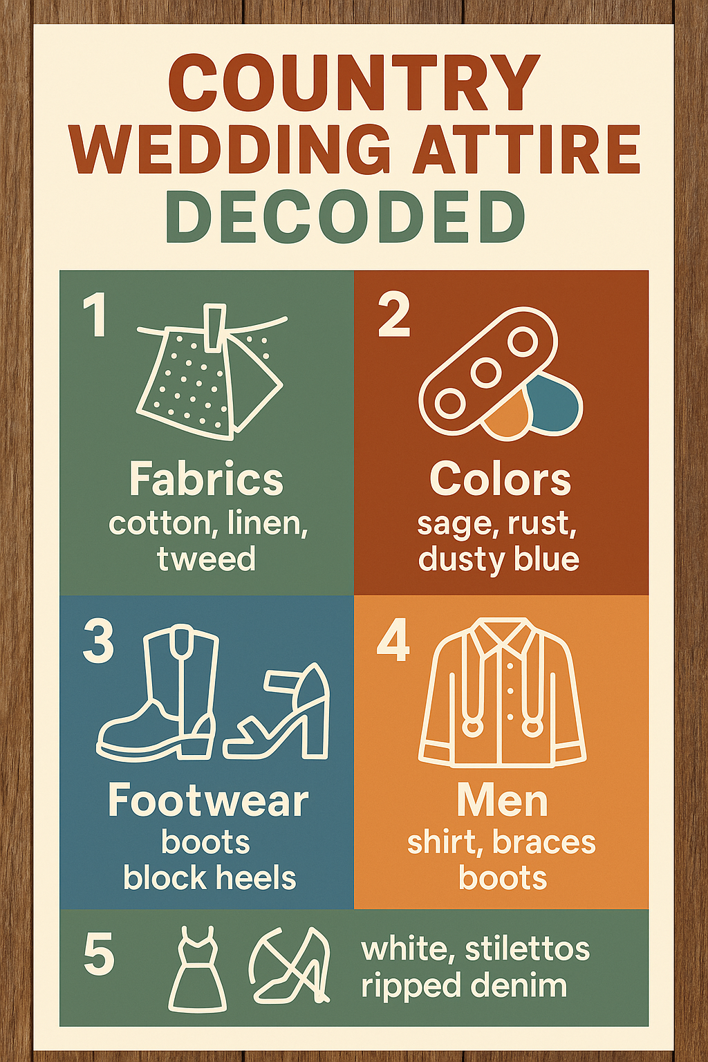 Infographic explaining country wedding attire fabrics, colors, footwear, men's outfit and what to avoid