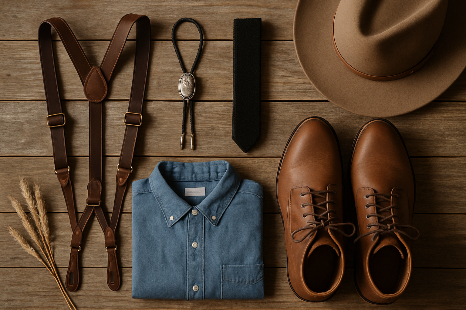 Flat lay of country wedding attire accessories including leather suspenders, bolo tie and felt hat