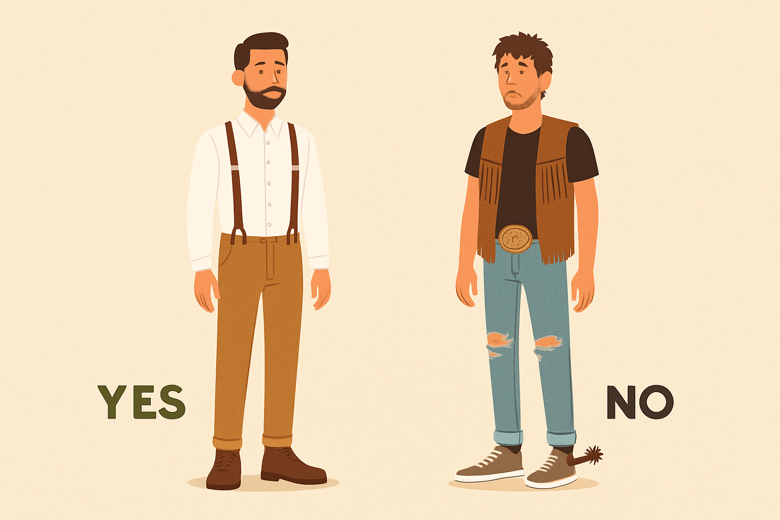 Comparison of correct country wedding attire versus an overdone western costume look
