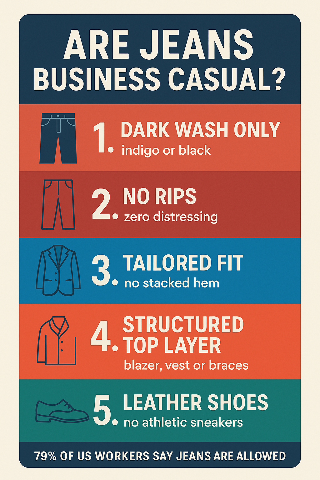 Infographic listing five rules for wearing jeans as business casual attire