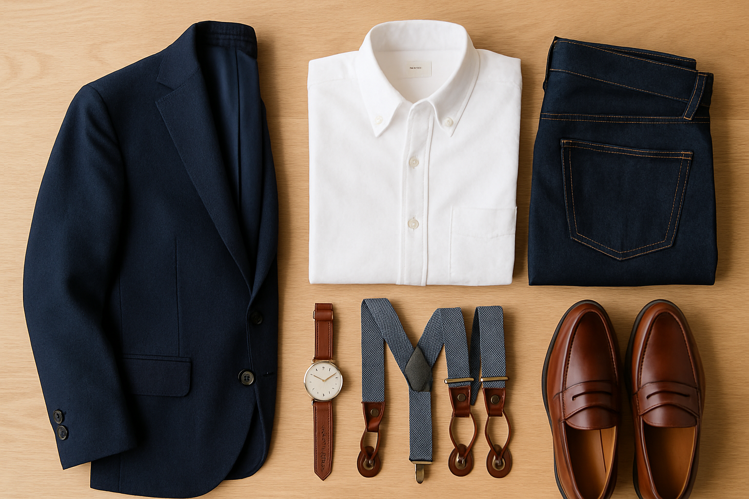 Flat lay of business casual basics including navy blazer, oxford shirt, dark jeans and loafers