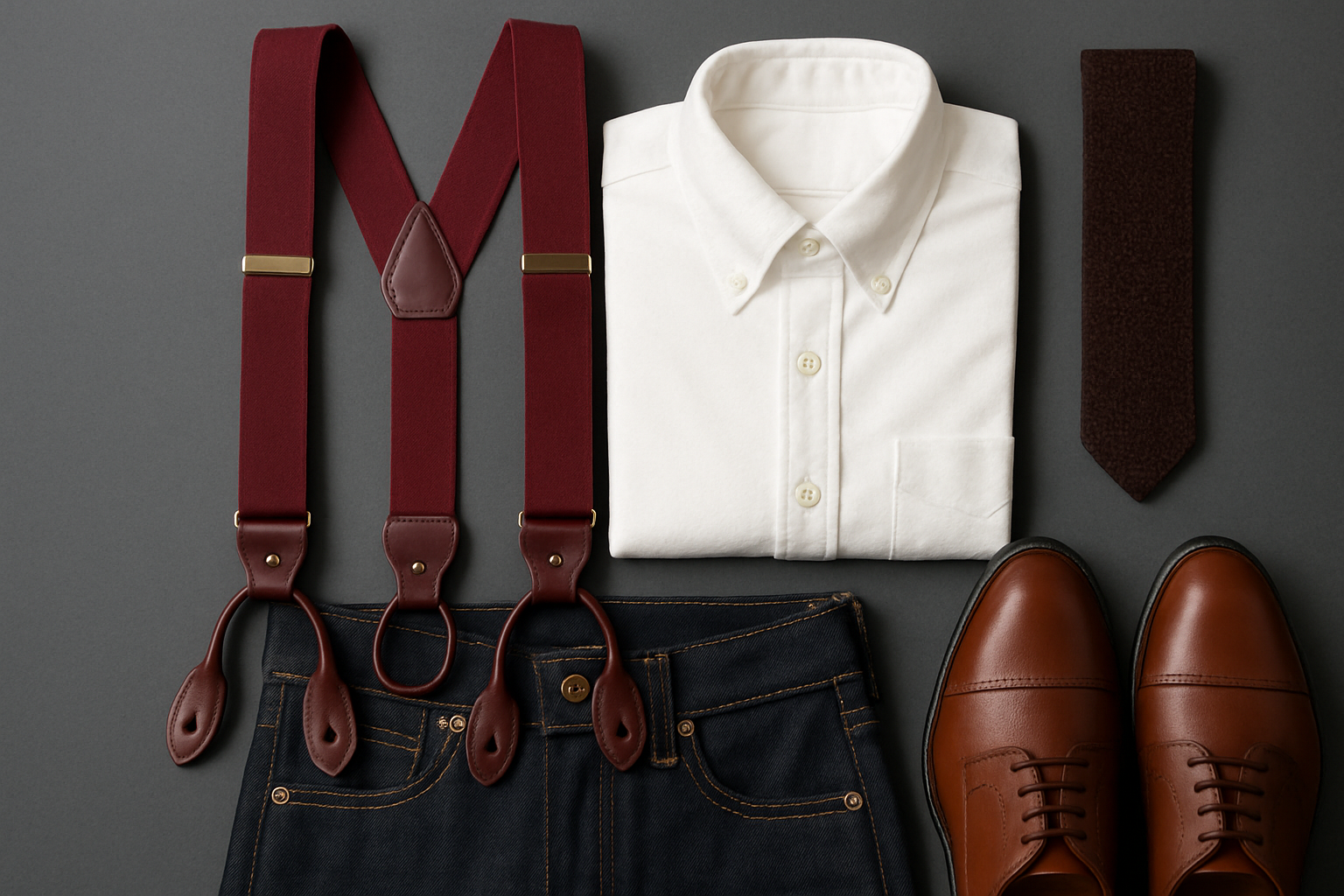 Flat lay of leather-trimmed suspenders with dark denim and an oxford shirt