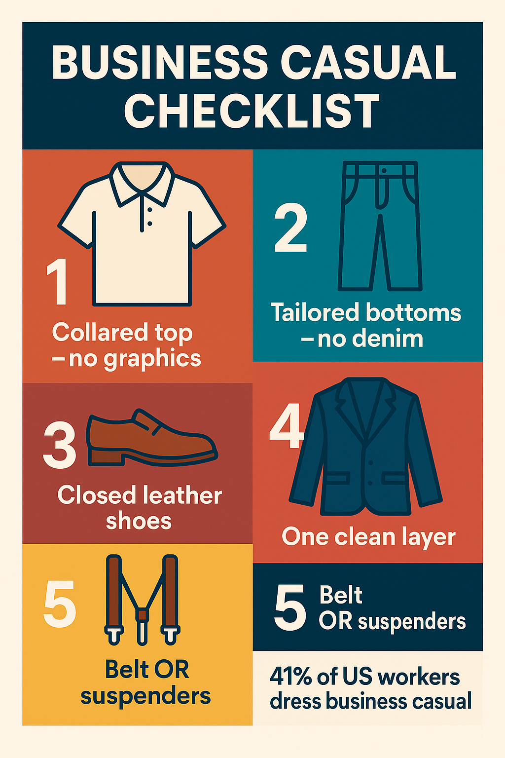 Infographic listing the five rules of a business casual dress code checklist
