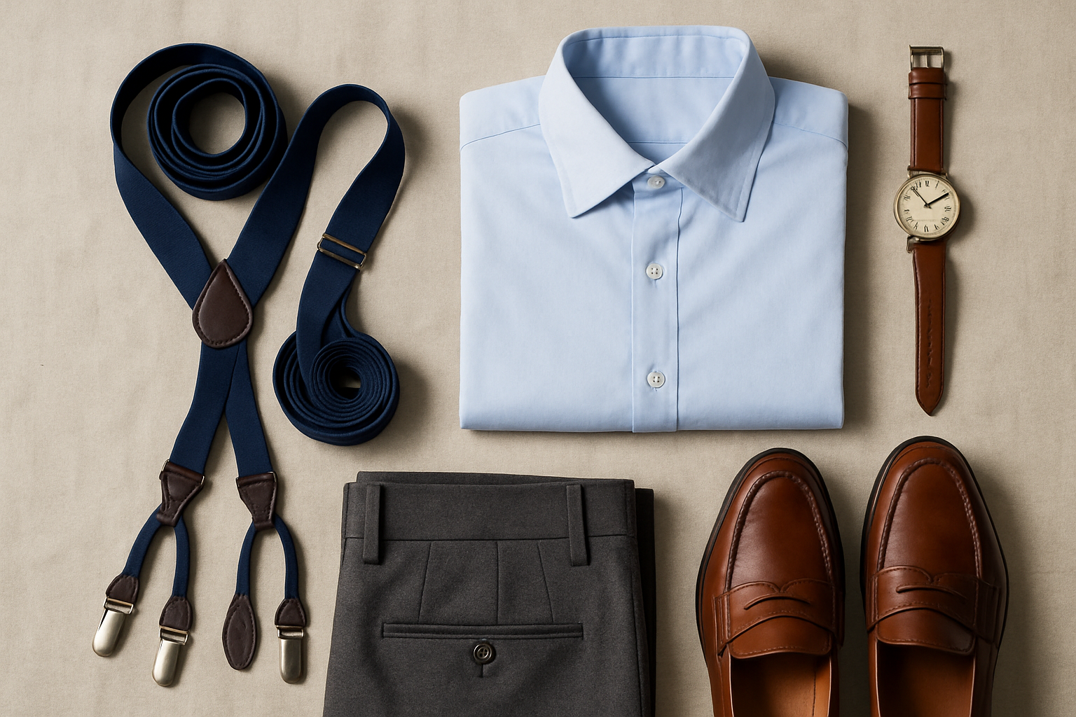 Flat lay of navy suspenders with a light blue shirt, grey trousers and brown loafers