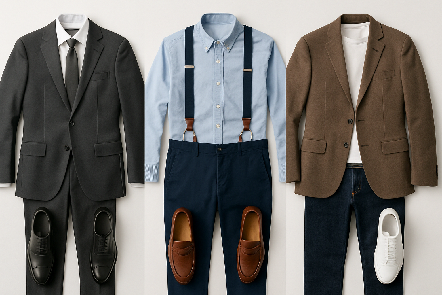 Flat lays comparing business professional, business casual and smart casual outfits