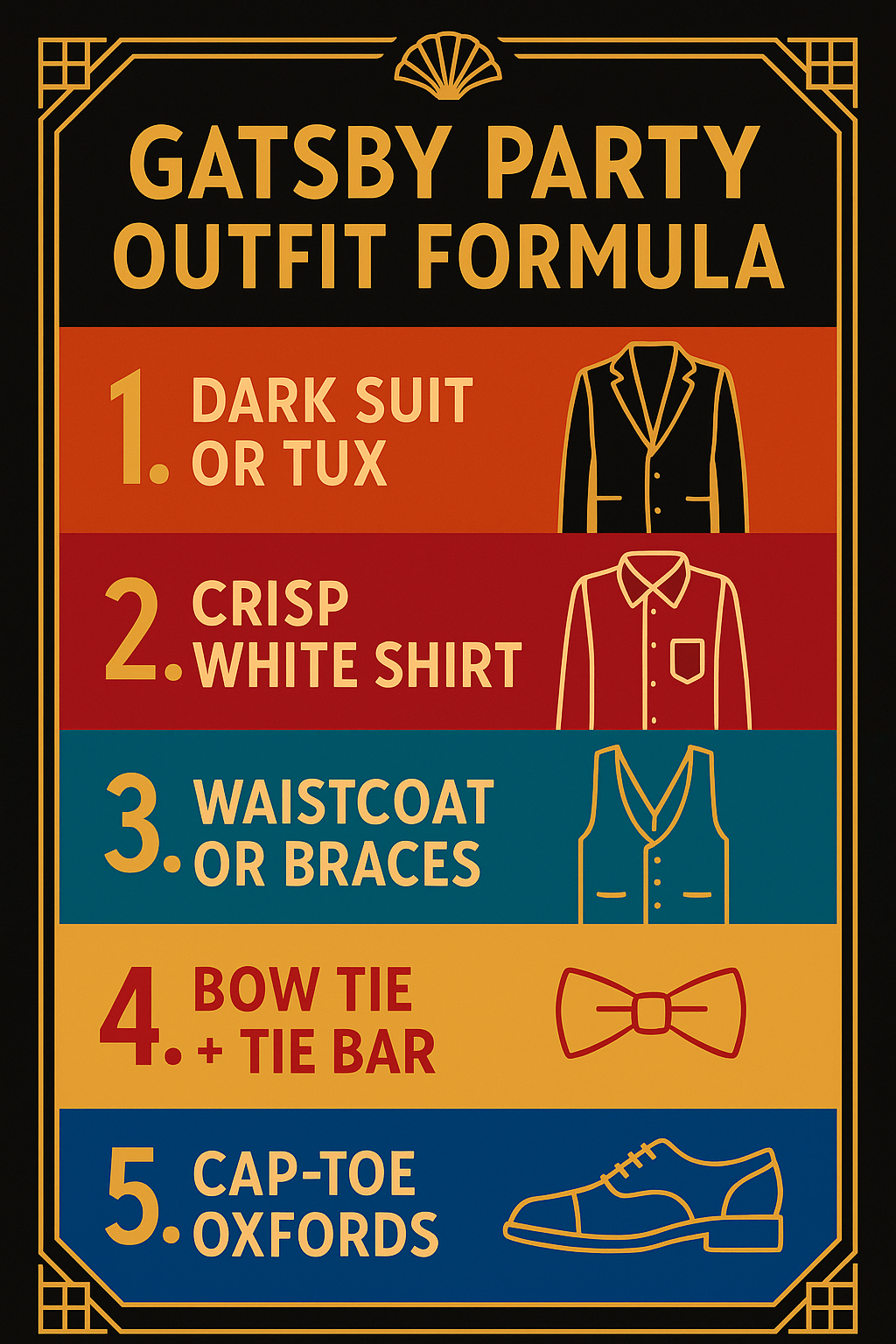 Infographic showing the five-piece Gatsby party outfit formula for men
