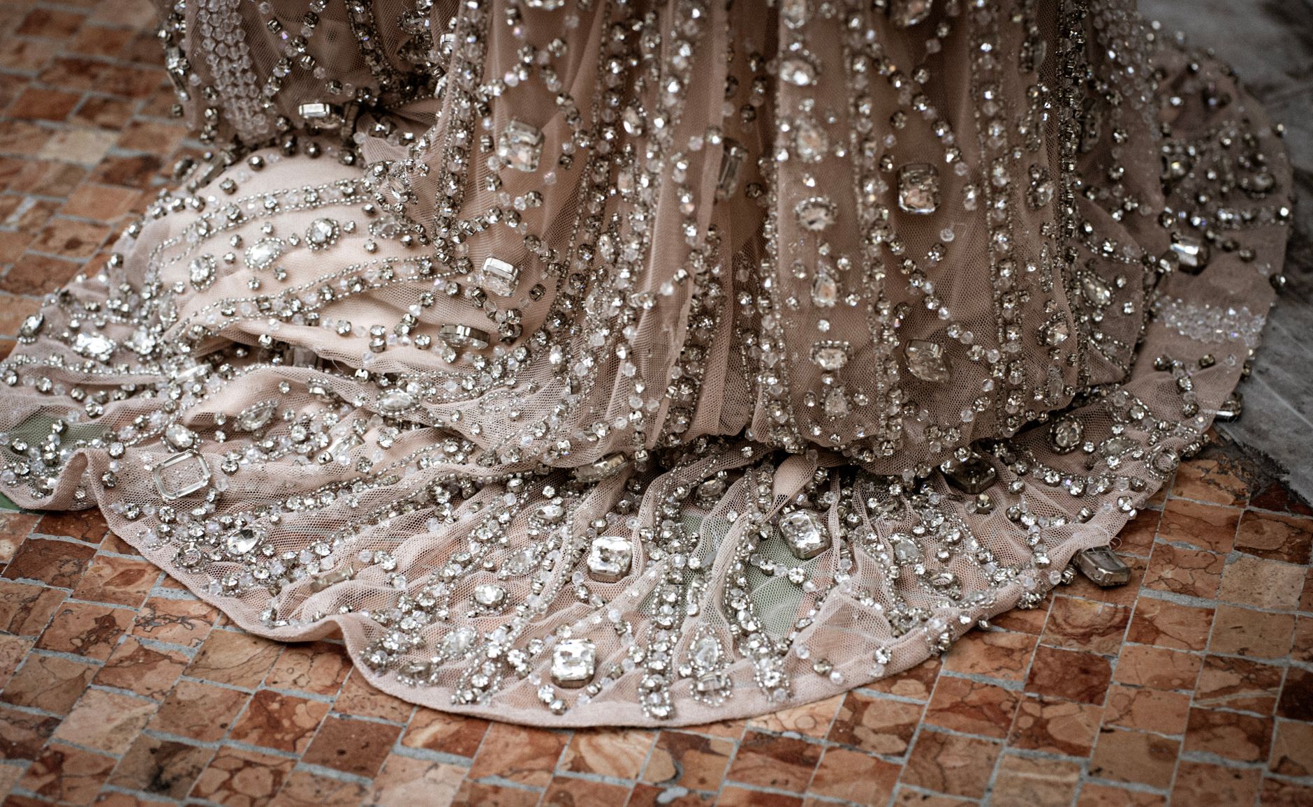 Champagne beaded drop-waist evening gown in art deco style