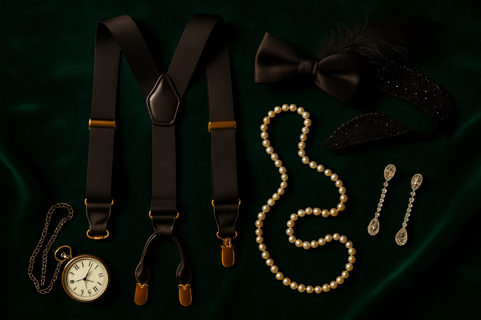 Flat lay of 1920s accessories including suspenders, bow tie, pocket watch and pearls