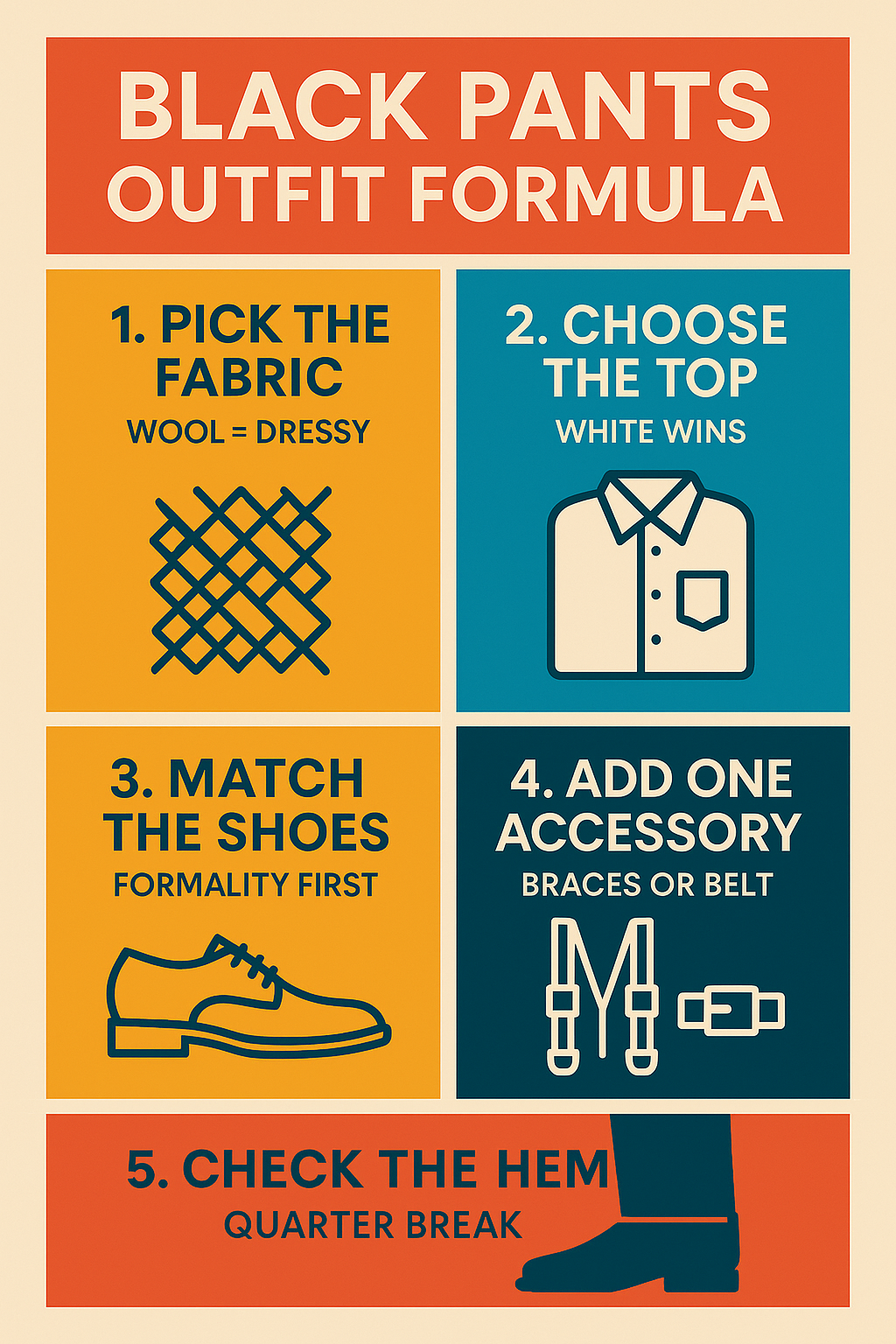 Infographic showing the five-step formula for building a black pants outfit for men