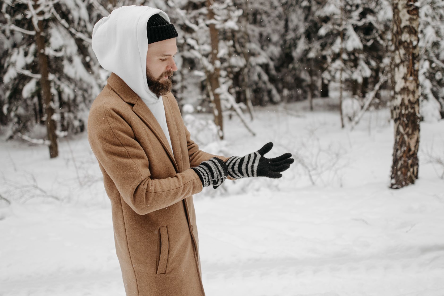 Winter outfit with black pants, camel overcoat, roll neck and leather boots