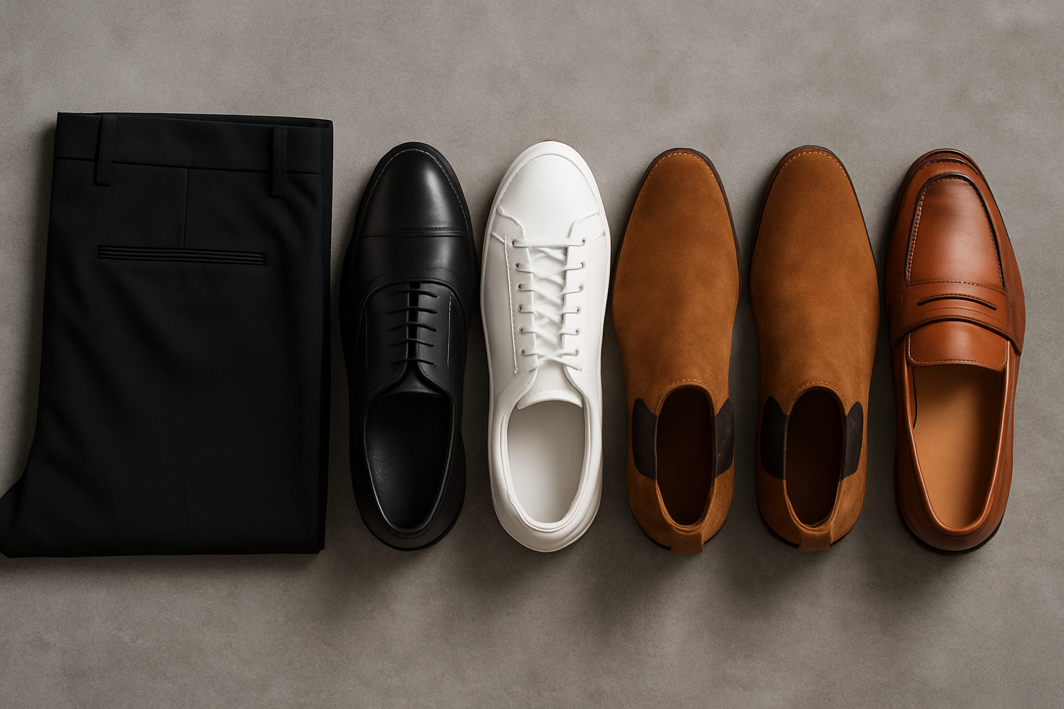 Black oxfords, white sneakers, brown boots and loafers arranged beside black trousers