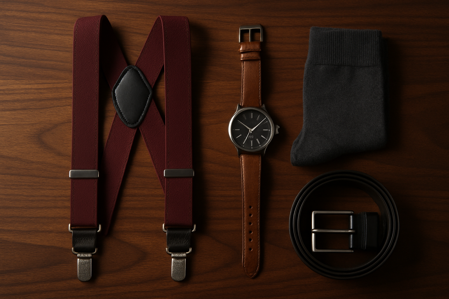 Flat lay of suspenders, watch, belt and socks to wear with black pants