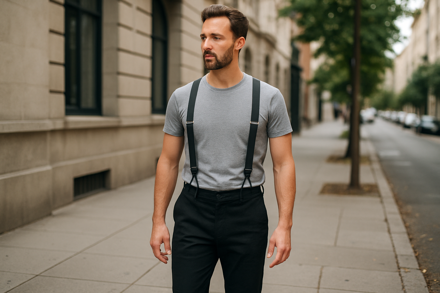 Casual black pants outfit with a grey t-shirt and white sneakers