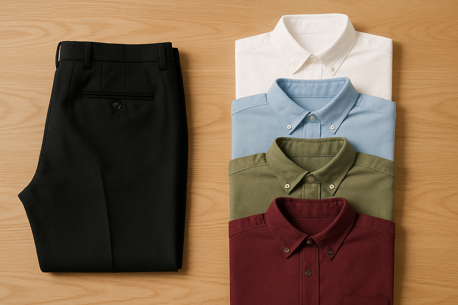 Flat lay of white, blue, olive and burgundy shirts folded beside black trousers