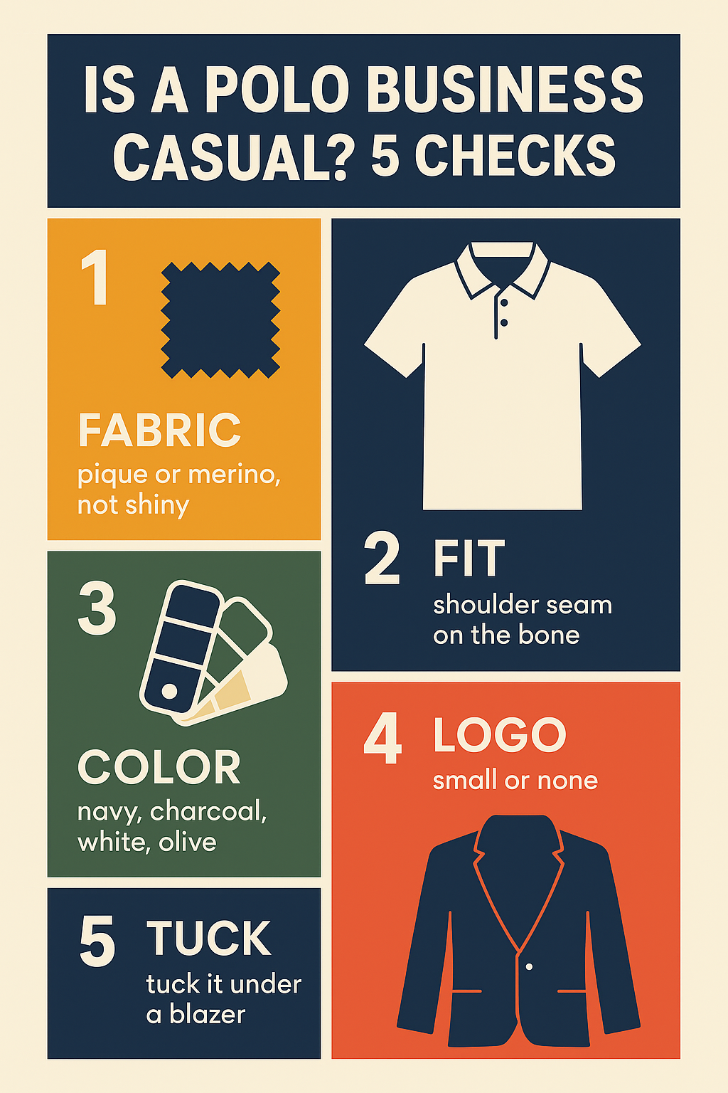 Infographic listing five checks that decide whether a polo shirt is business casual
