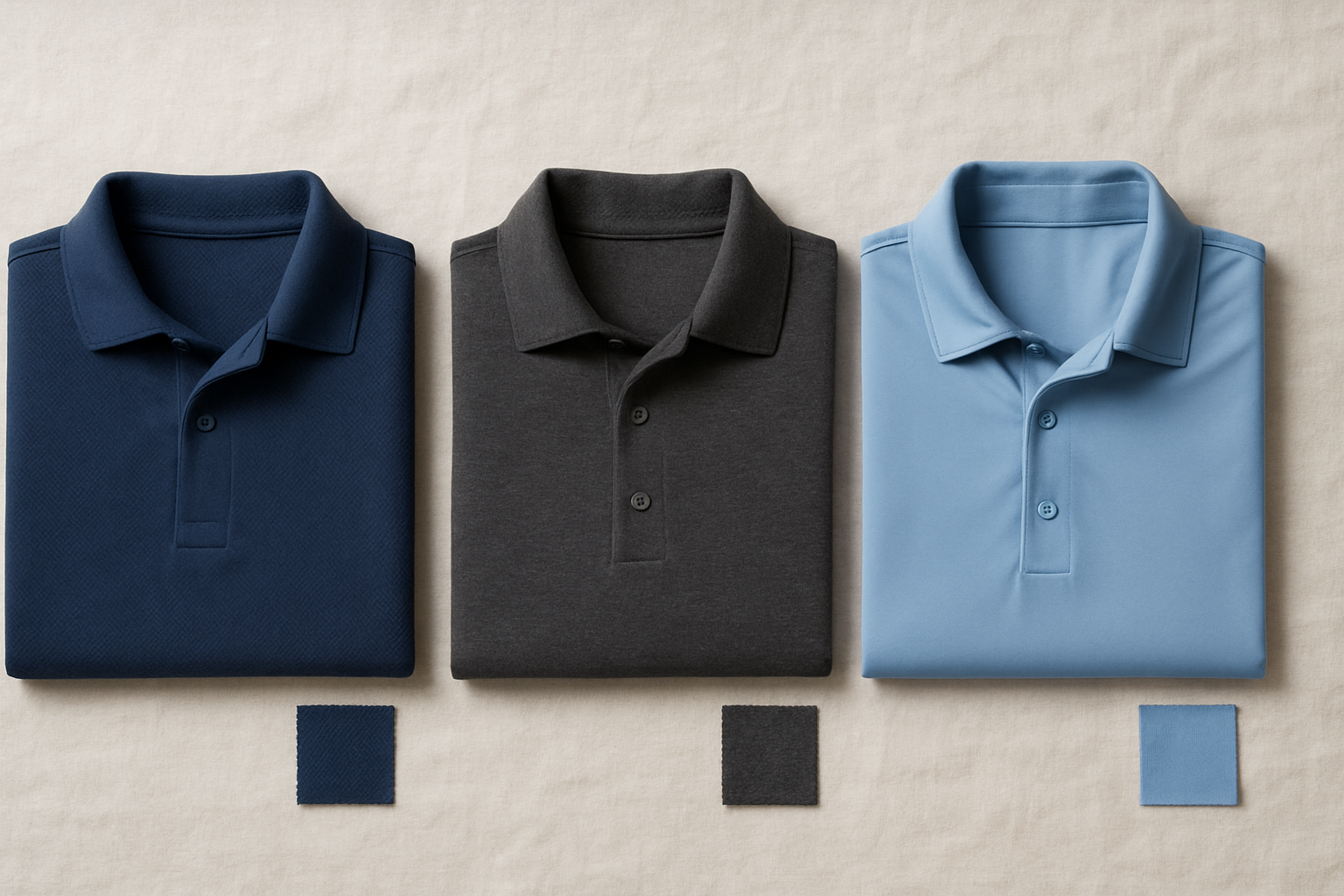 Flat lay comparing pique cotton, merino, and performance polo shirt fabrics