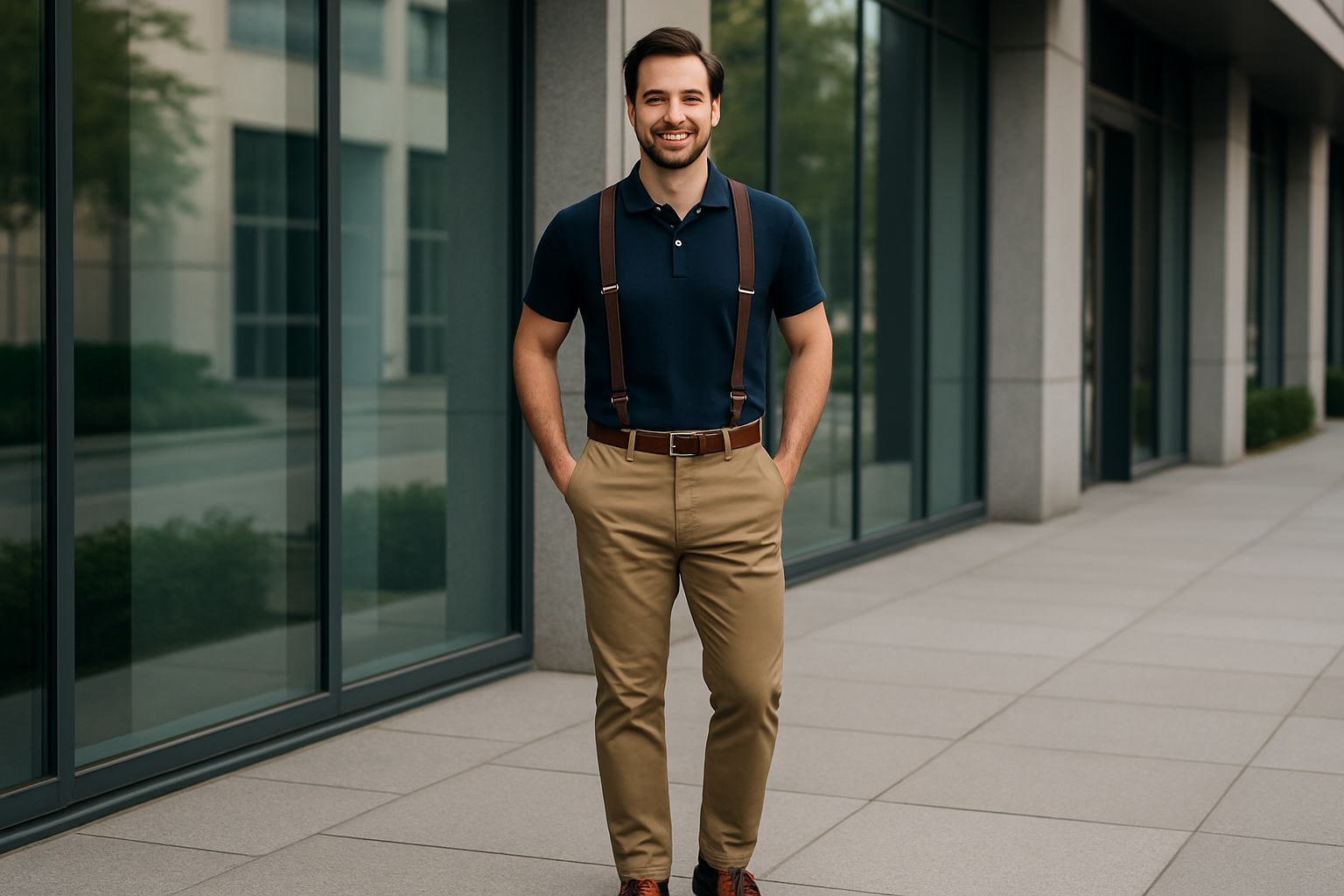 Polo shirt worn with khaki chinos and brown leather loafers
