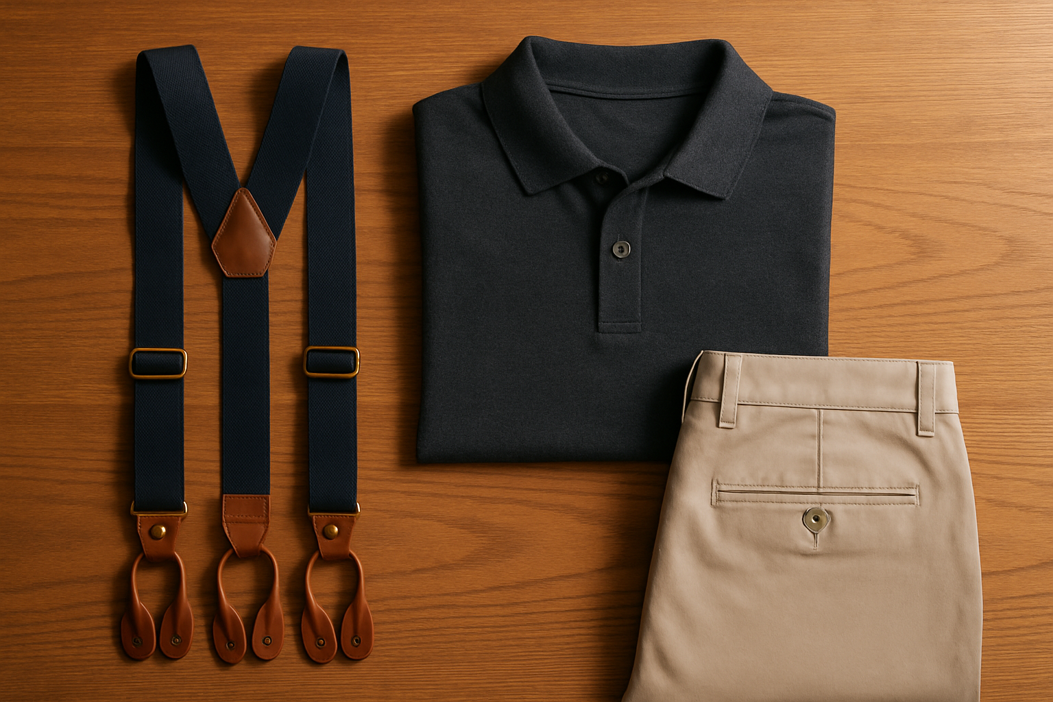 Navy button-on suspenders laid flat beside a folded polo shirt and chinos