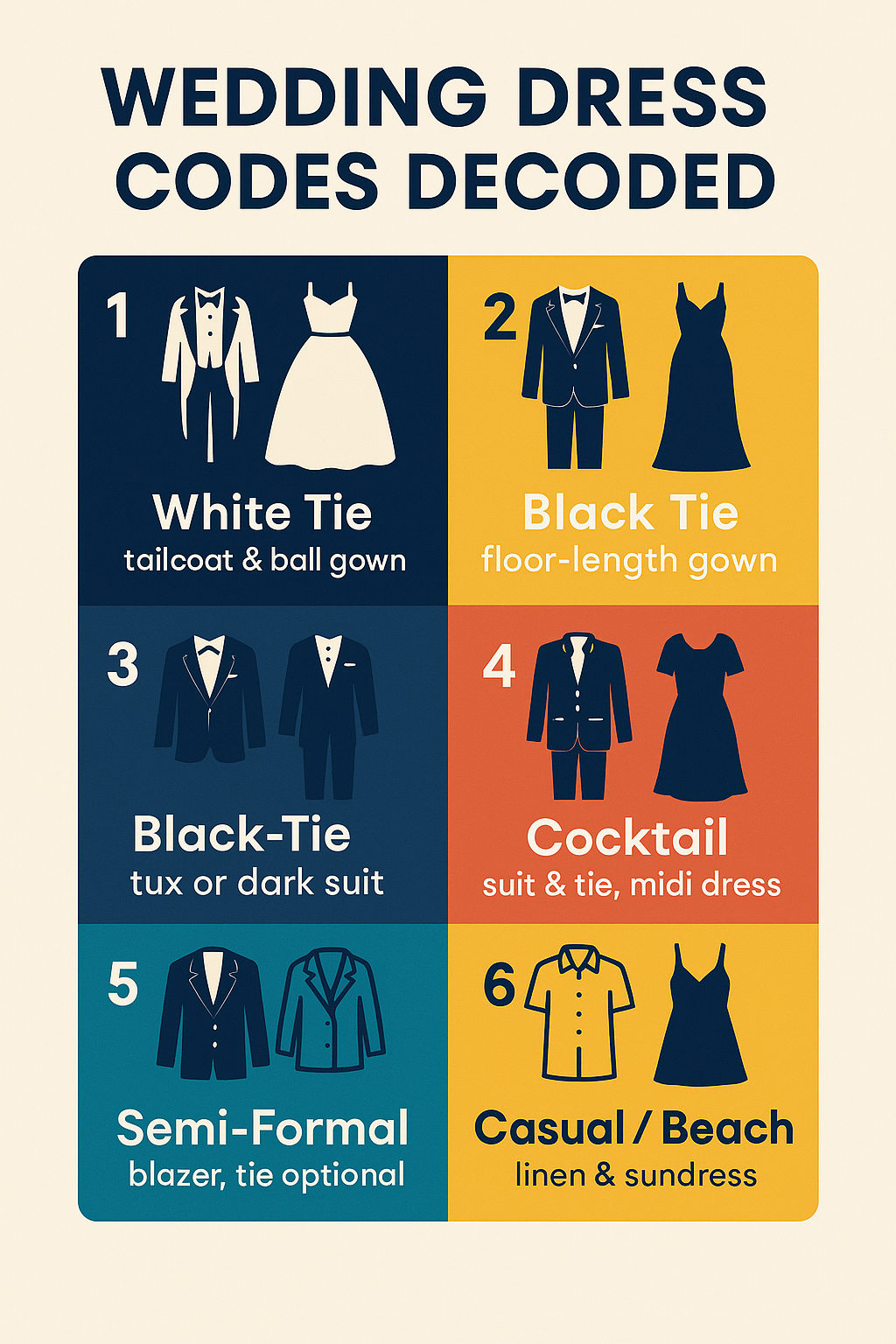 Infographic showing the six main wedding dress codes and what each one means for guests