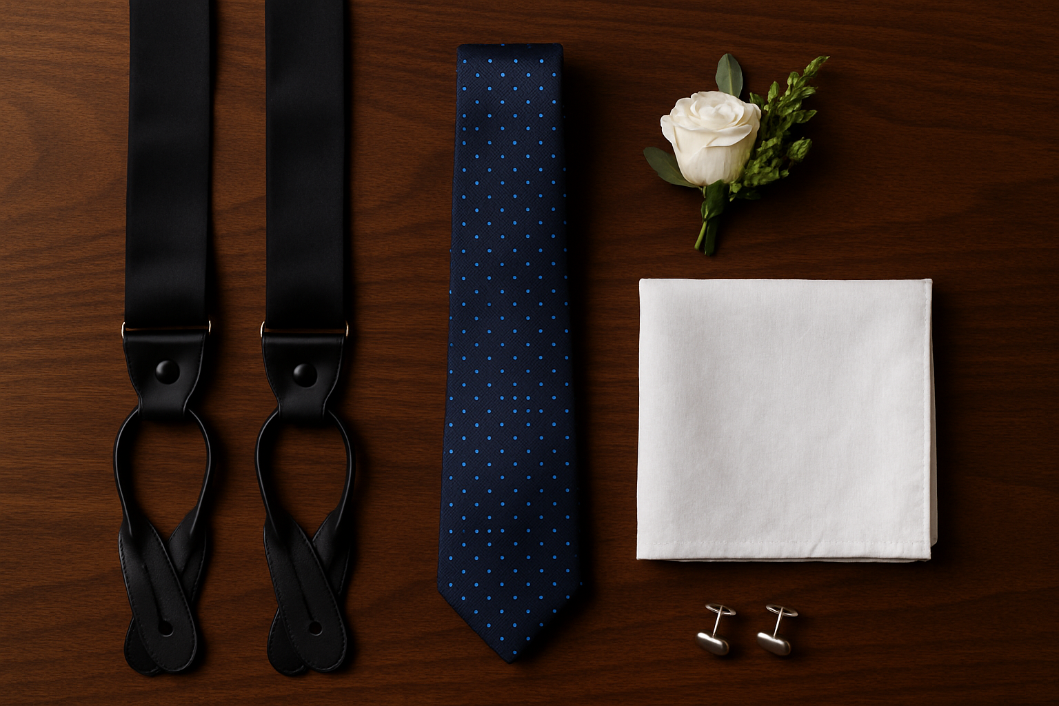 Flat lay of wedding guest accessories including silk braces, tie, pocket square and cufflinks