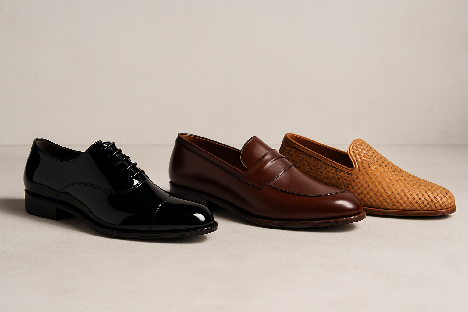 Three pairs of men's wedding dress shoes arranged by formality from patent oxford to woven loafer