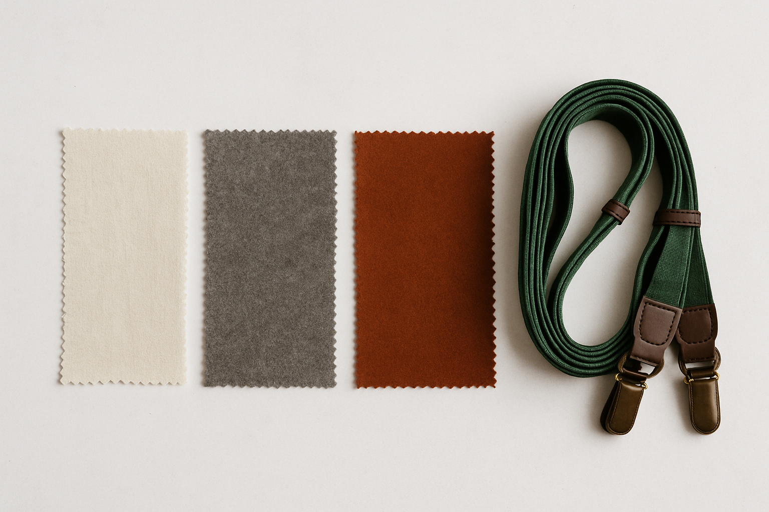 Seasonal wedding fabric swatches from summer linen to winter velvet arranged in a flat lay