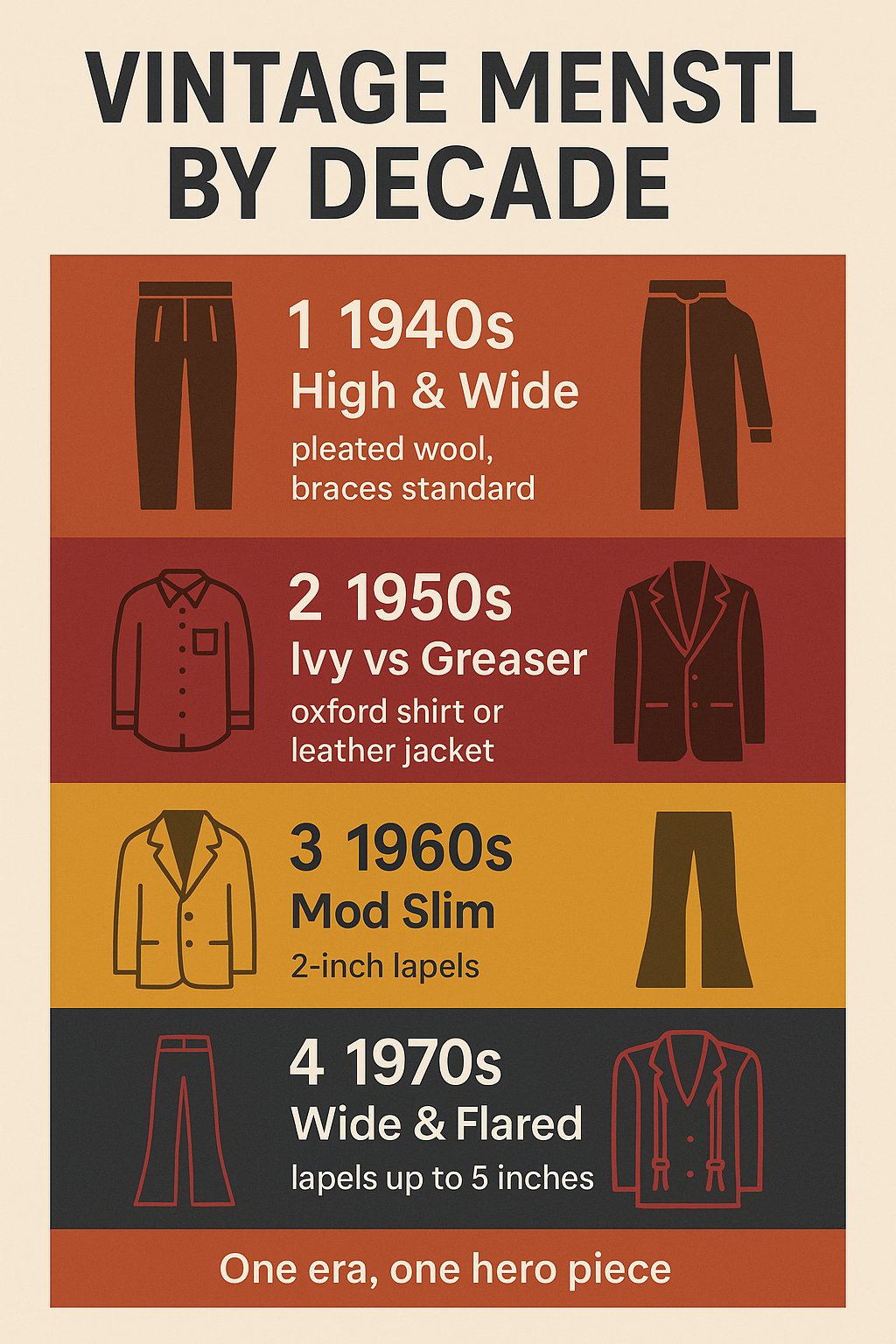 Infographic comparing vintage mens style silhouettes from the 1940s to the 1980s