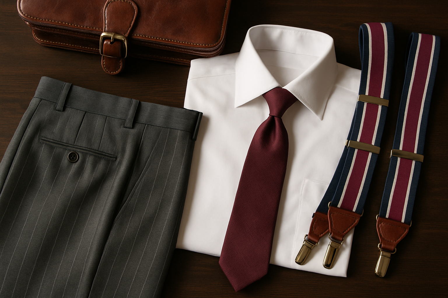 1980s power dressing with pinstripe trousers, white shirt and bold striped braces