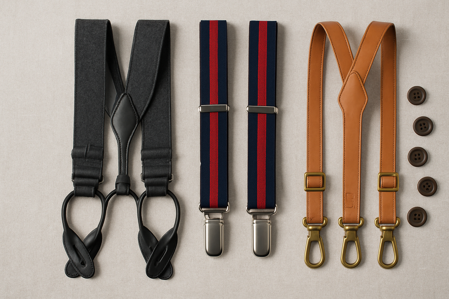 Flat lay of wool, striped and leather vintage-style suspenders