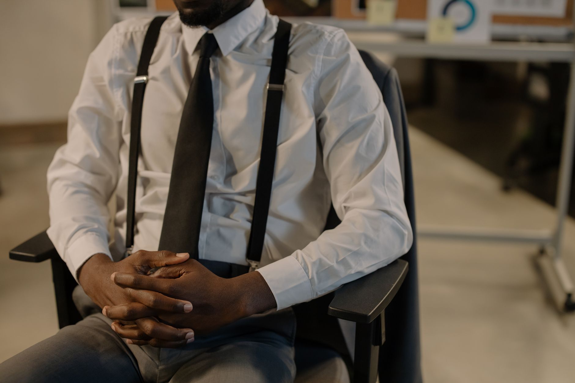 Chambray work shirt with cuffed wide chinos and X-back work suspenders