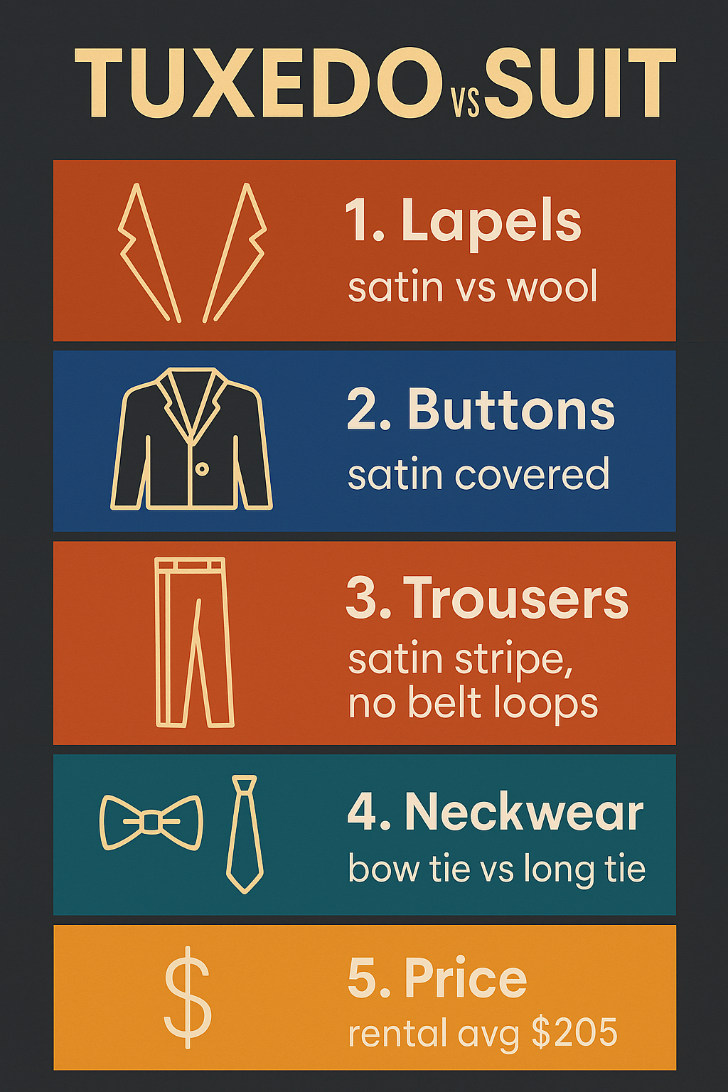 Infographic comparing tuxedo and suit details including lapels, buttons, trousers, neckwear and price