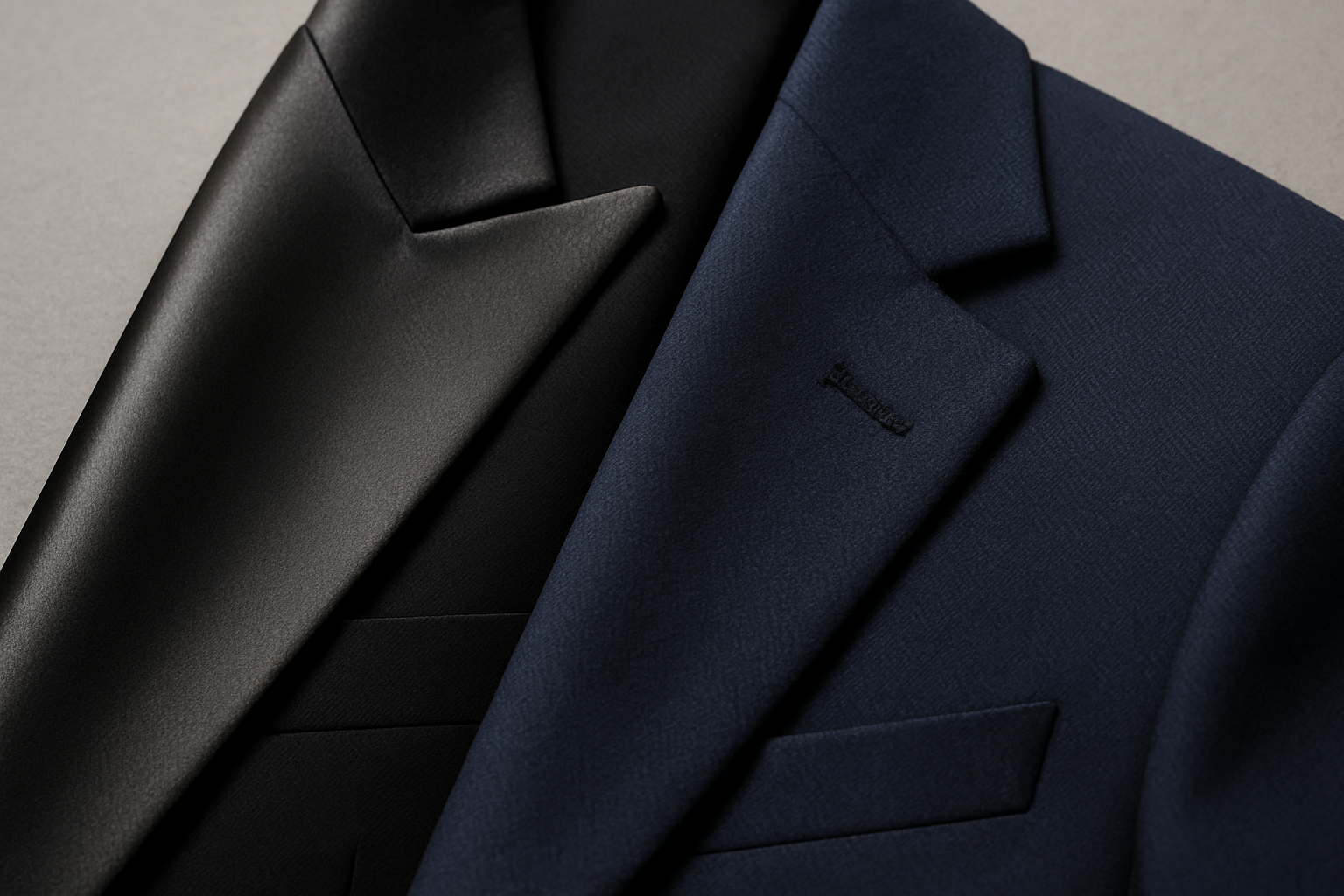 Close-up of a satin tuxedo lapel next to a matte wool suit lapel
