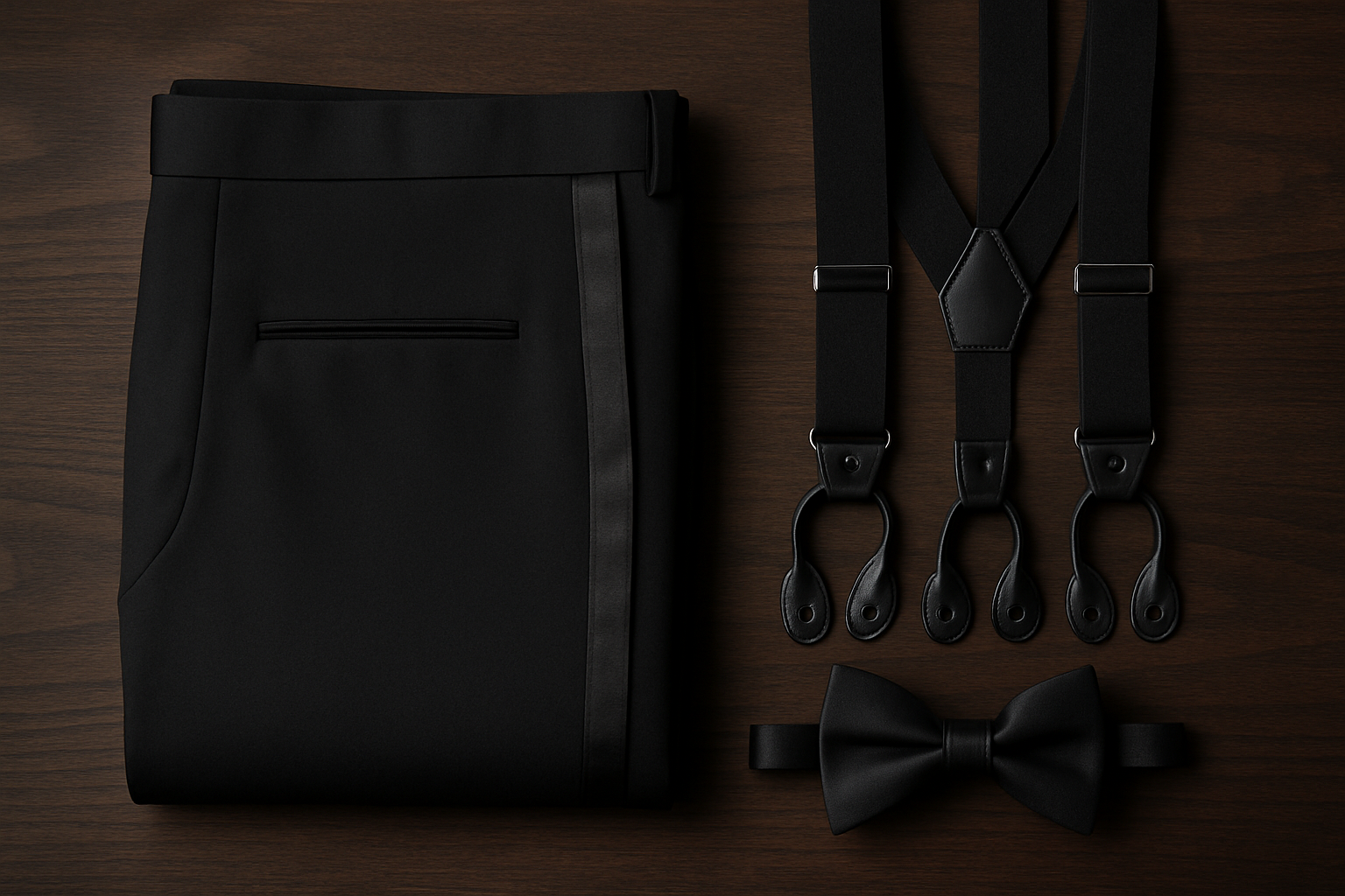 Flat lay of tuxedo trousers with satin stripe and black formal braces