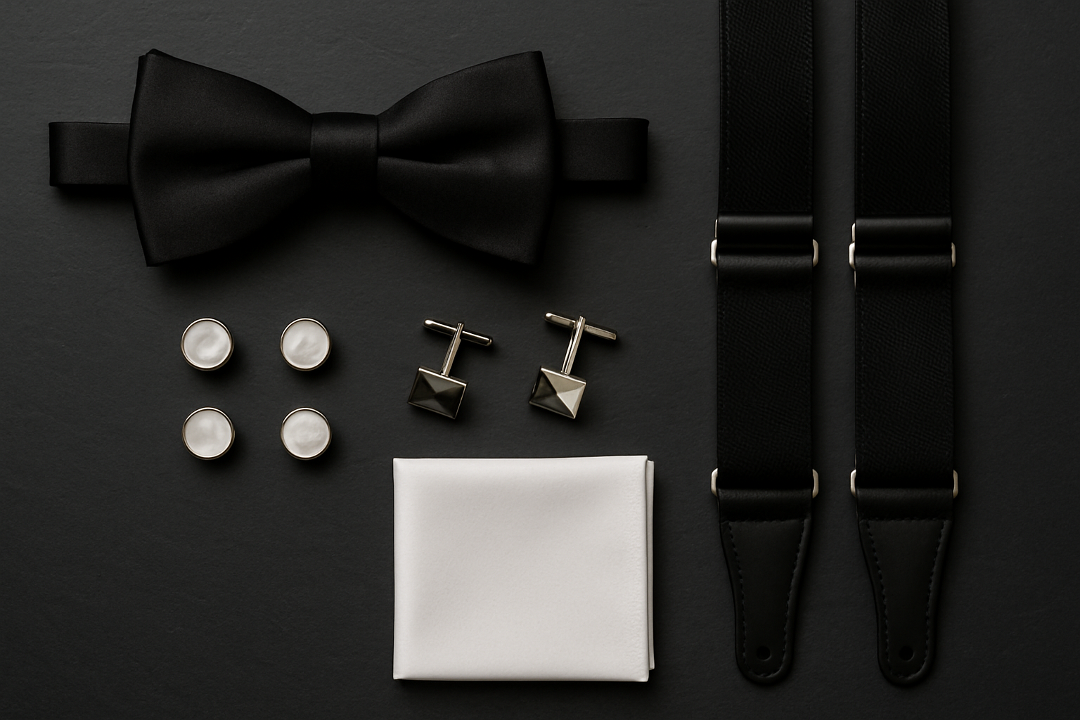 Flat lay of black tie accessories: bow tie, studs, cufflinks and braces
