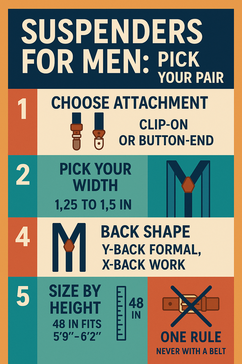 Infographic showing how to choose men's suspenders by attachment, width, back shape and size