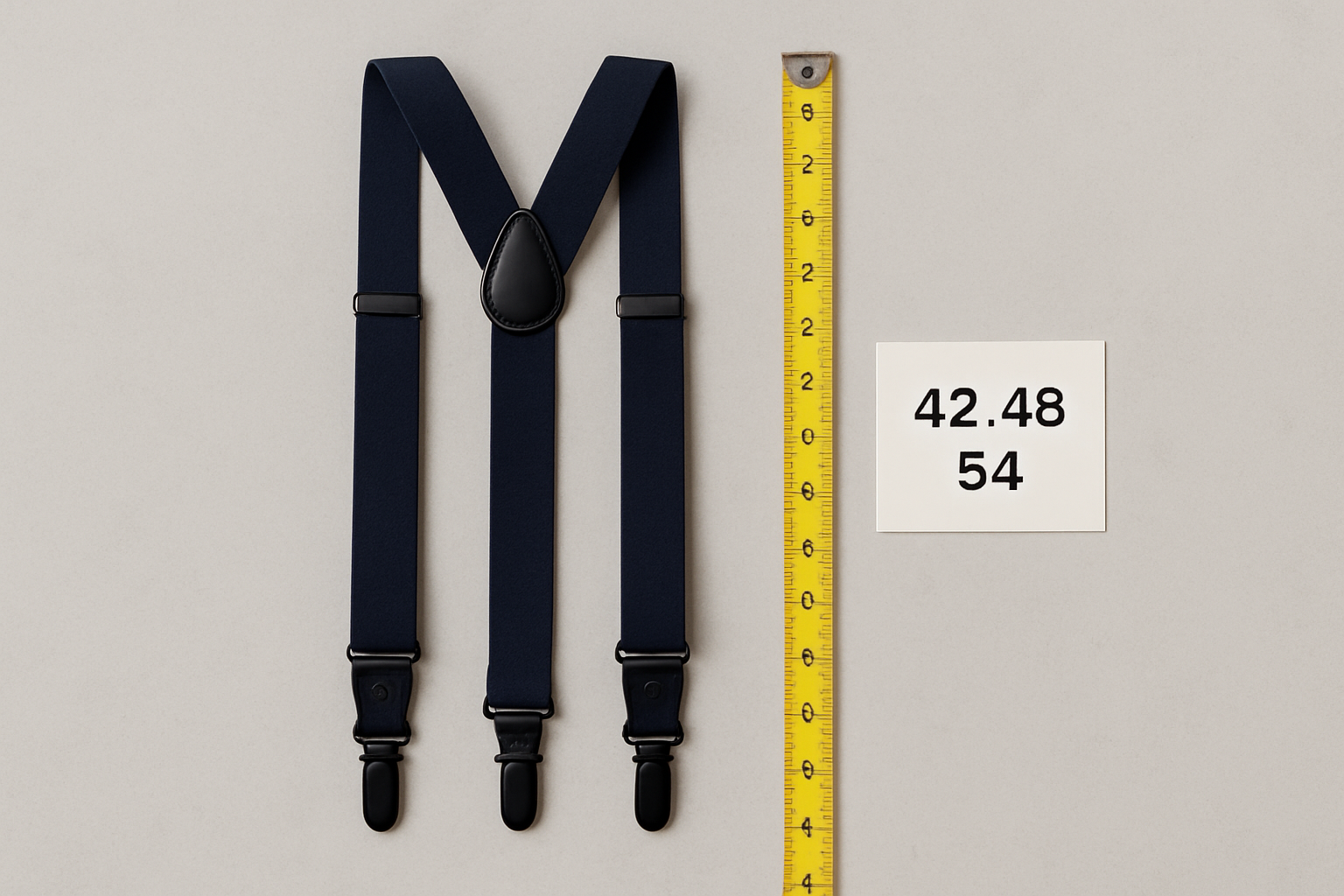 Flat lay of suspenders beside a tape measure showing how suspender length is measured