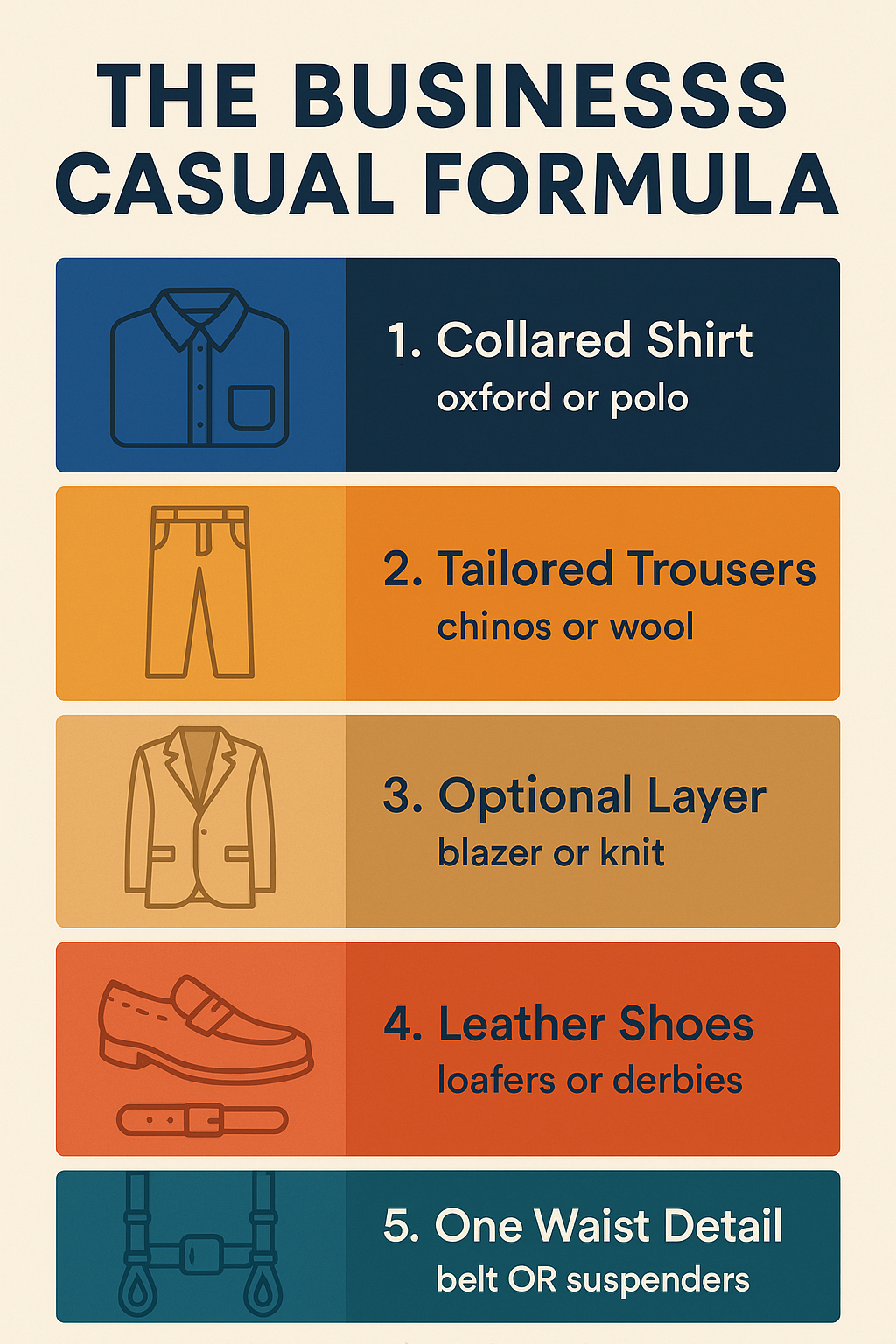 Infographic showing the five-part business casual formula for men: collared shirt, tailored trousers, optional layer, leather shoes and one waist detail
