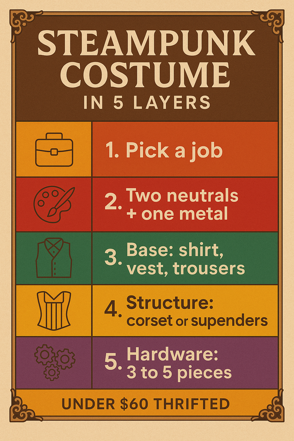 Infographic showing the five layers of building a steampunk costume