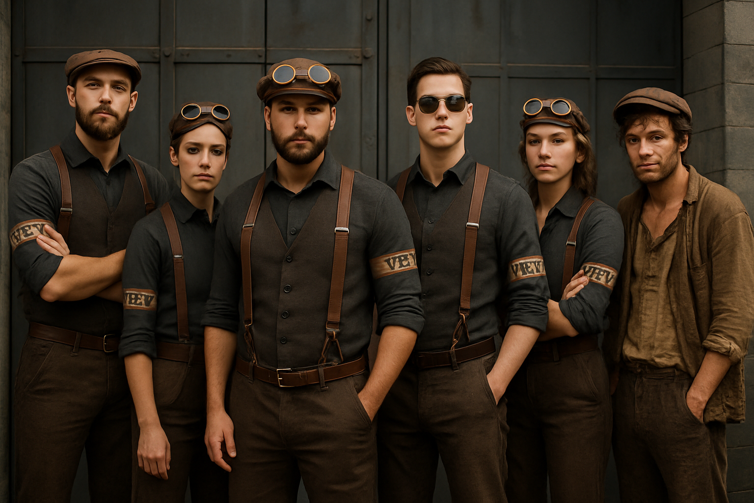 Group of friends in matching steampunk airship crew costumes with goggles and leather straps